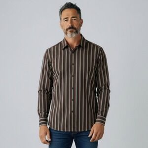 Zegna Brown Striped Long Sleeve Button Down Dress Shirt 15.5-39 Mens Cotton